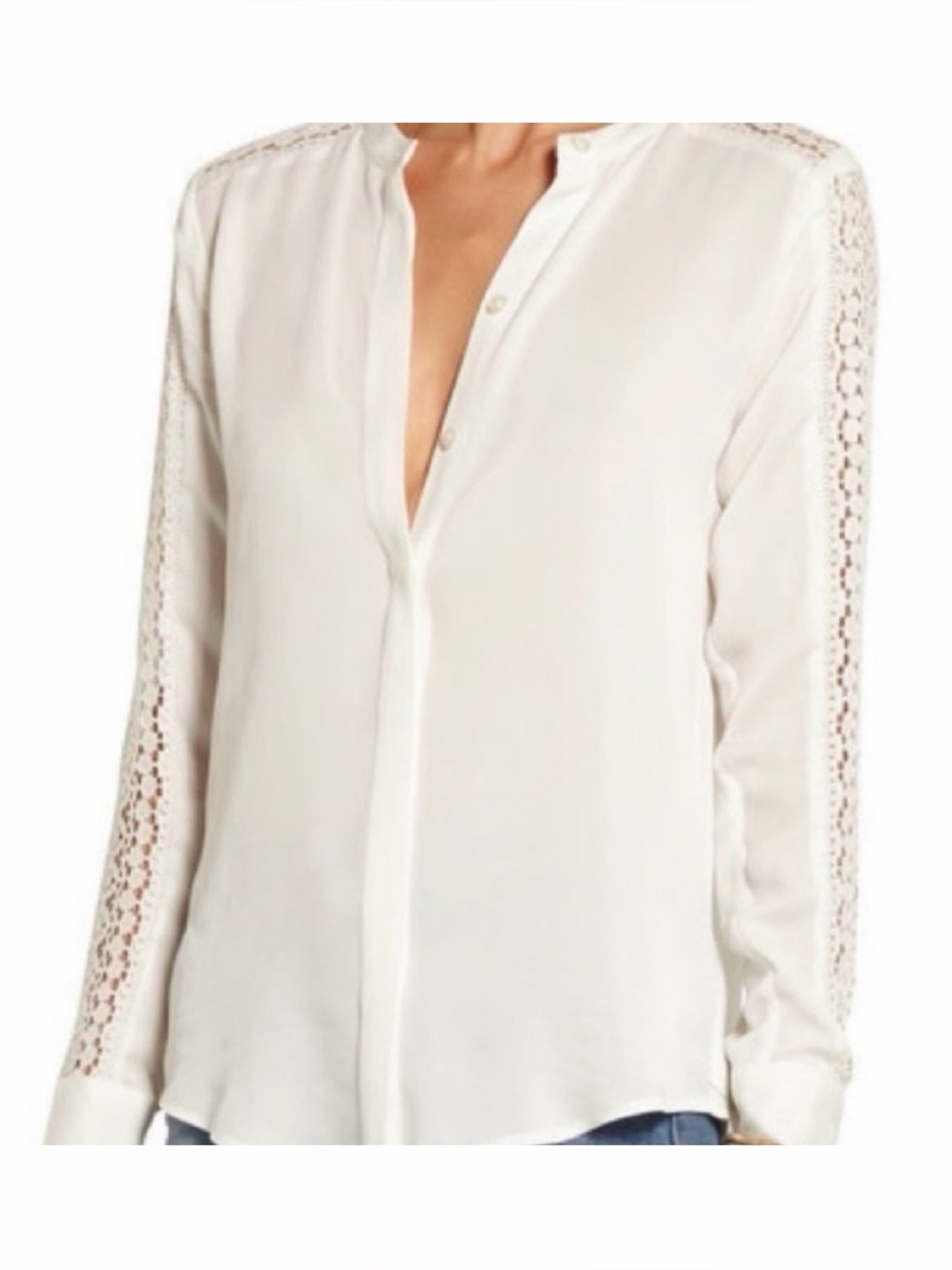 MICHAEL KORS • Cream/Ecru Lace Trim Long-Sleeve Button-Down Shirt Blouse, M
